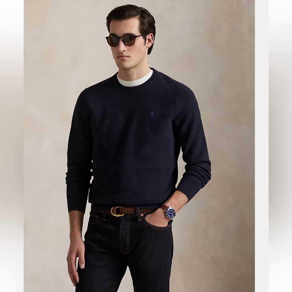 Ralph Lauren Mesh-Knit Cotton Crewneck Sweater in Navy Heather